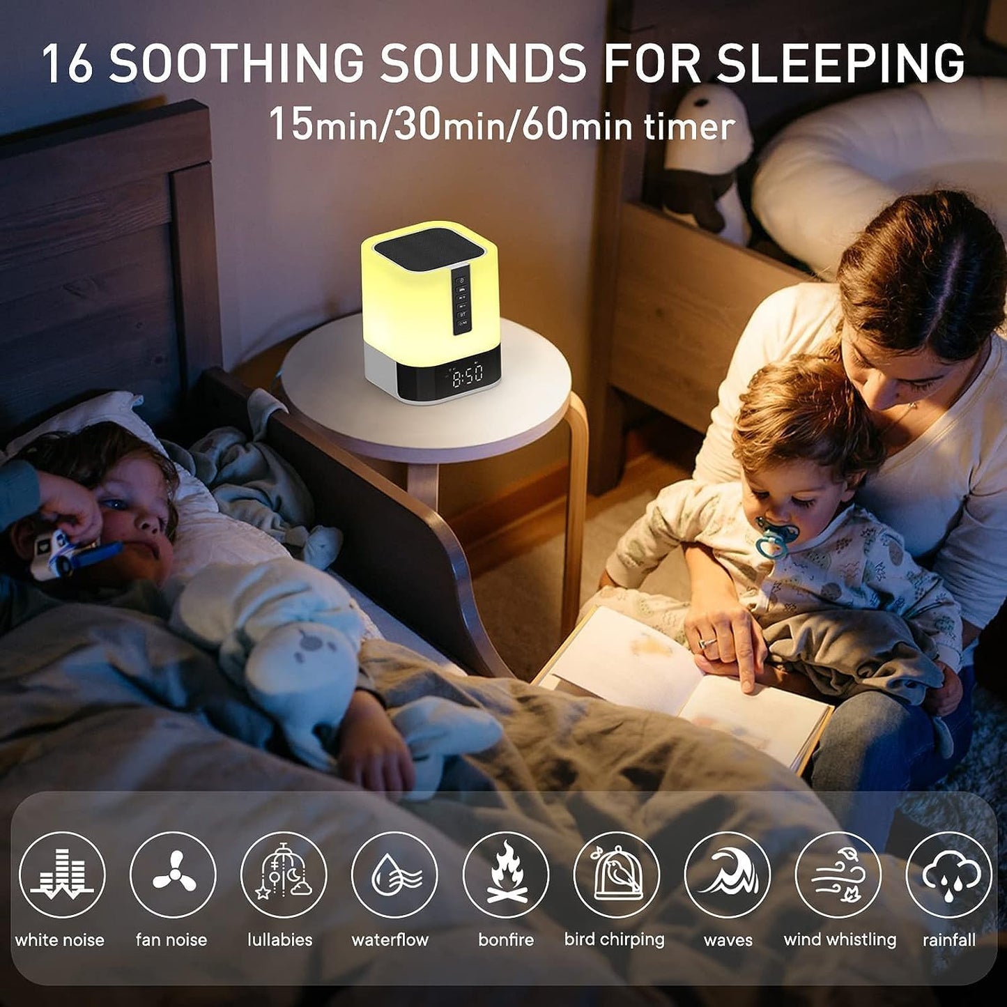 Night Light Bluetooth Speaker, White Noise Machine with 16 Soothing Sounds, Digital Alarm Clock, Dimmable Bedside Lamp with 48 Colour Changing Lights, Gifts for Kids Teenage Boys Girls 10-18 Year Old