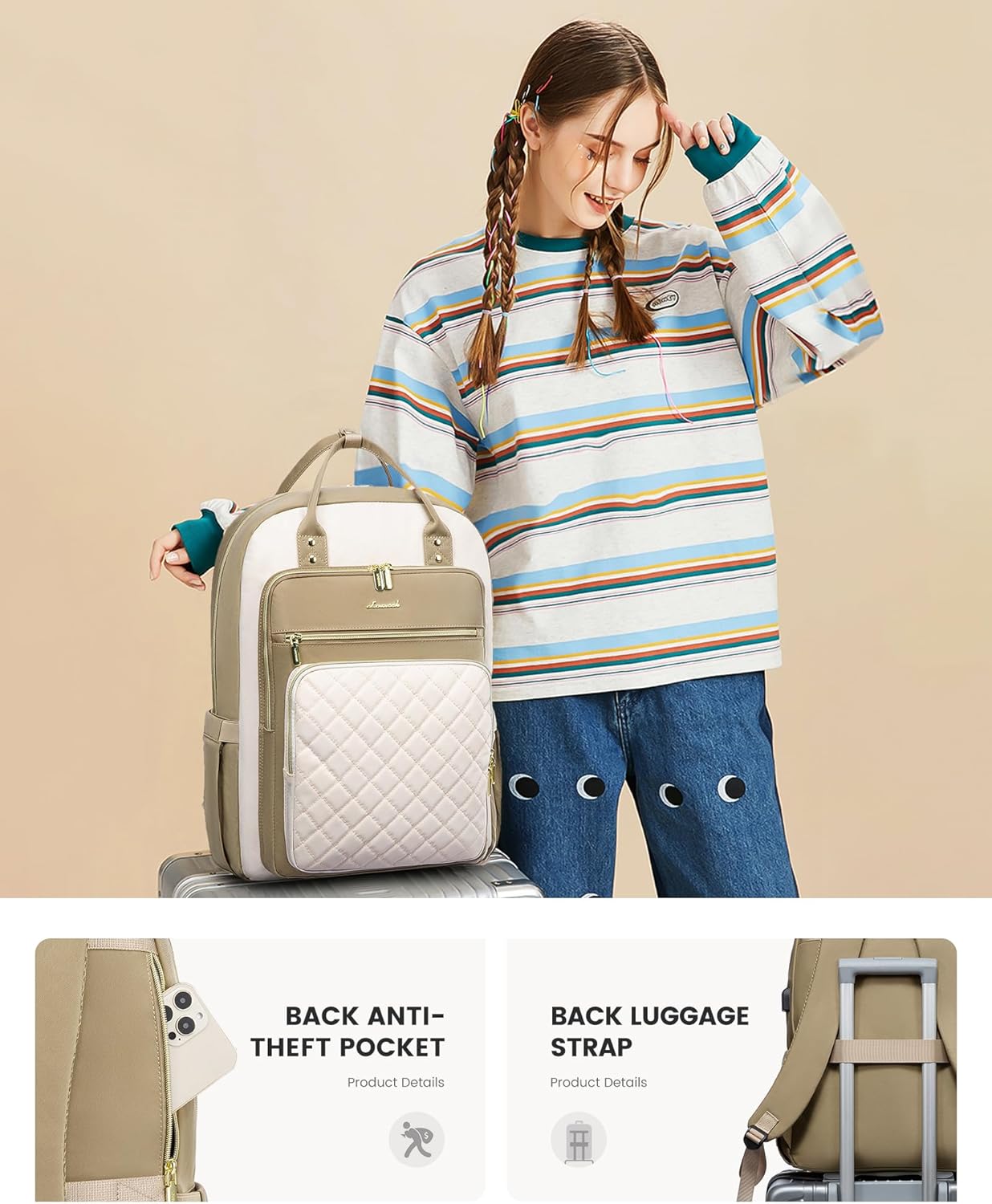 Laptop Backpack Women 15.6 Inch, Backpacks Womens, Rucksack Bag for College Work Travel University, Ladies Lightweight Commuter Bags with USB Port, Beige Khaki