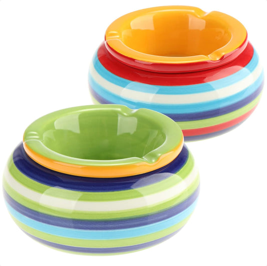 2x wind ashtray made of dolomite - weatherproof storm ashtray made of ceramic - small table ashtray with lid - design with colorful stripes