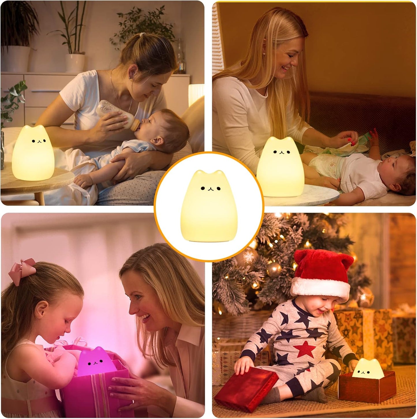 Cat Night Light - Kids Nightlight, Squishy Cute Lamp with Timer & 7 Colors, Rechargeable Bedside Lamp for Toddler & Baby