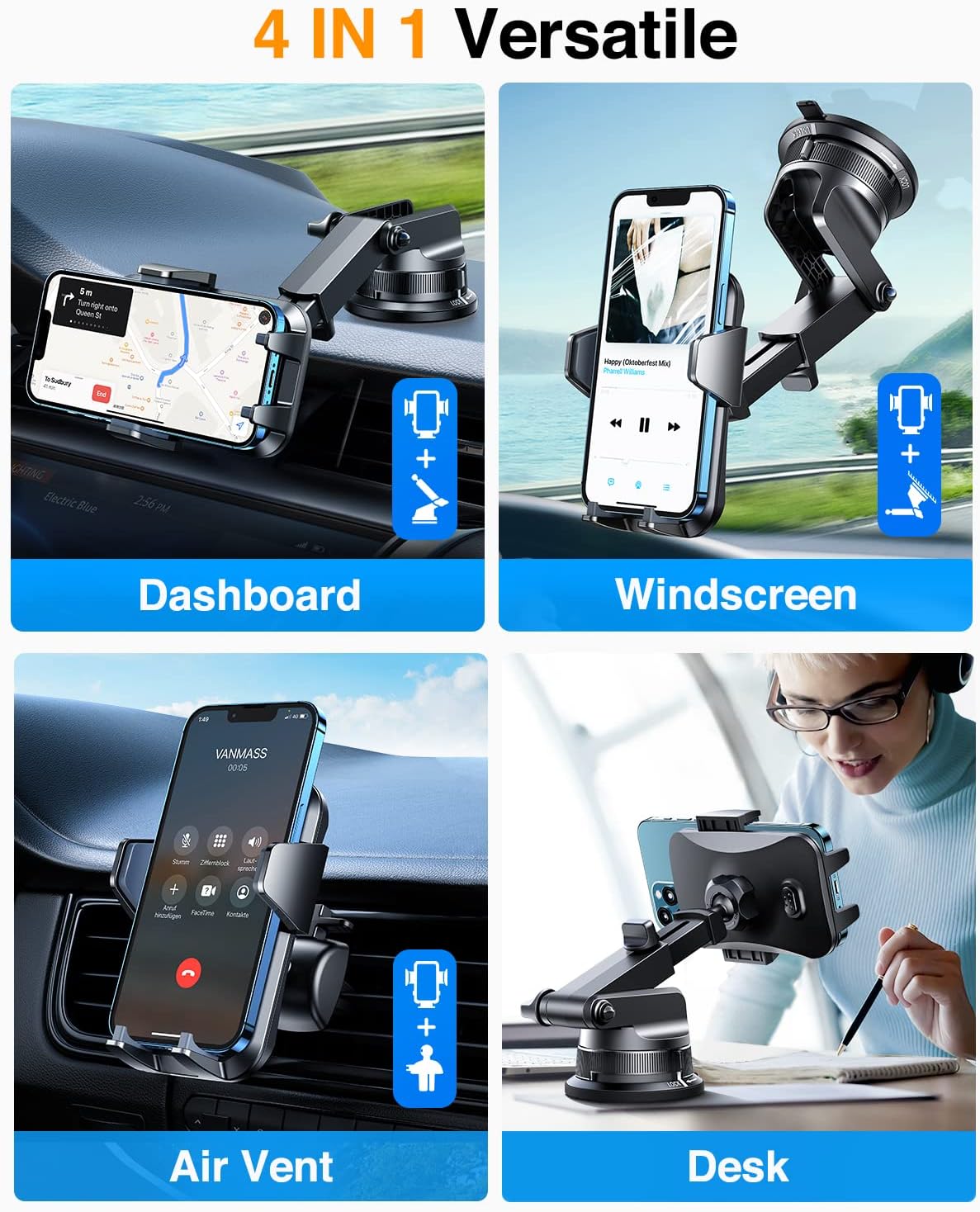 Car Phone Holder with Rotate Lock and Suction Cup - Dashboard Windscreen Vent Mount Universal Cradle