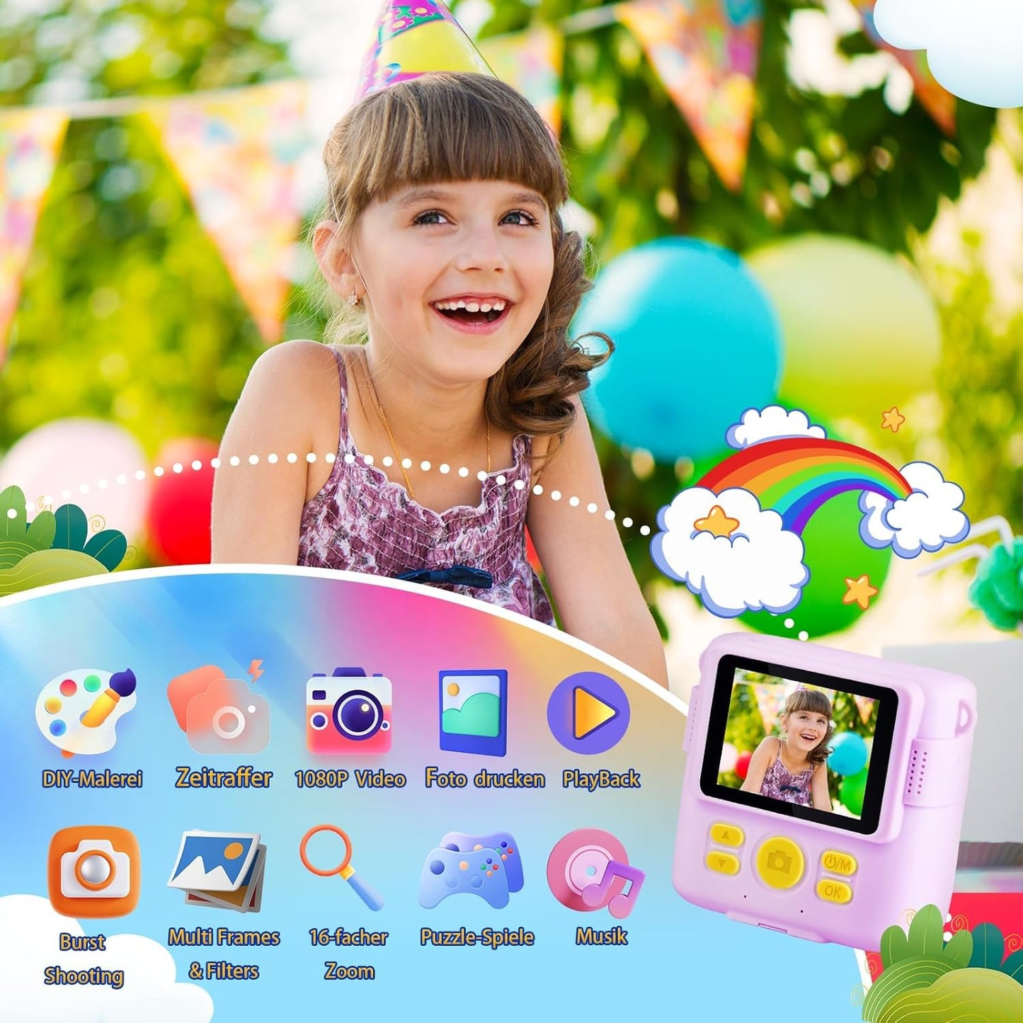 Kids Instant Print Camera, 1080P HD Digital Camera with 32G SD Card, 3 Rolls Photo Paper & 6 Color Pens, for 3-14 Year Old Girls