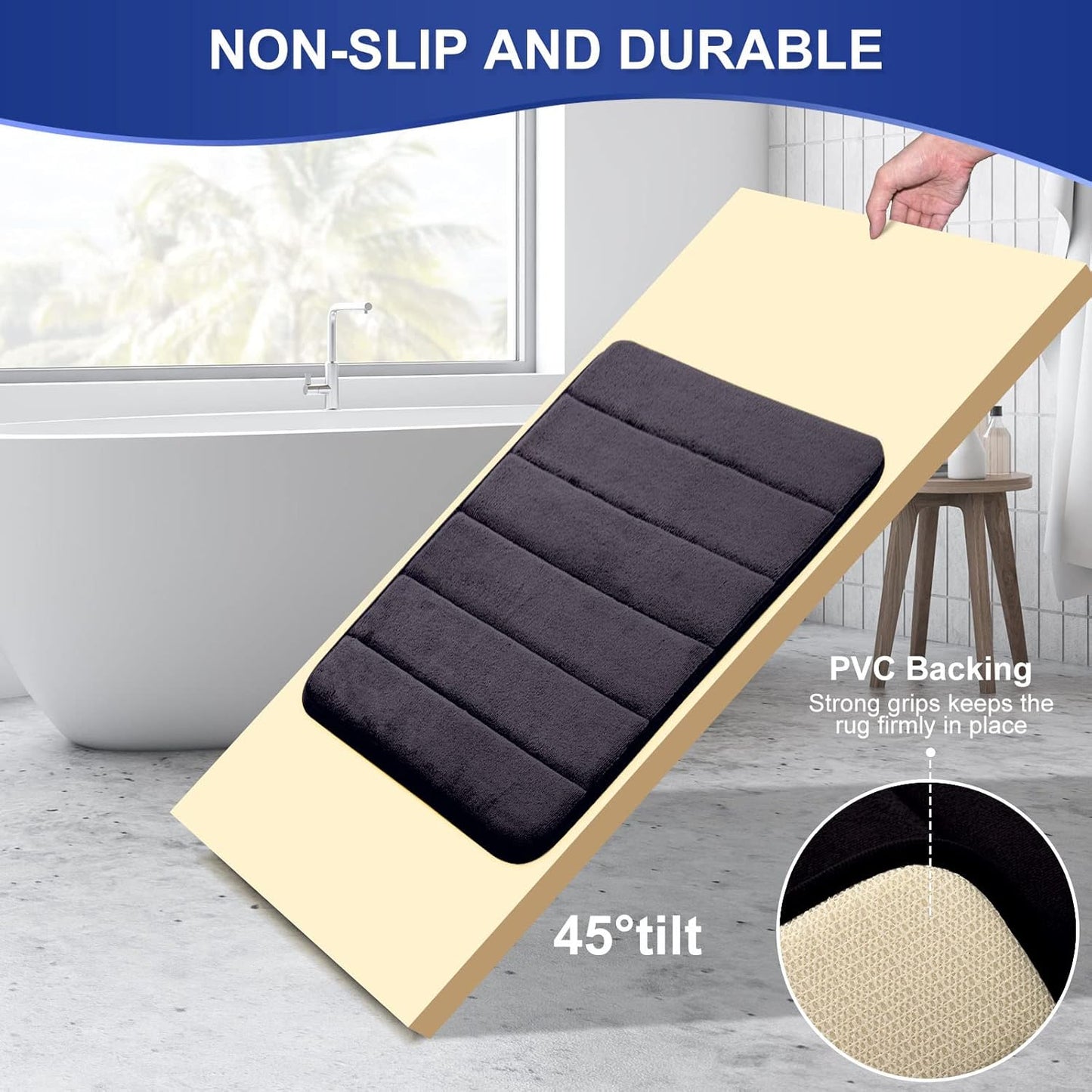 Bath Mat Set Ultra Soft Non Slip Memory Foam 3 Piece Bathroom Rug Super Absorbent Floor Mat Machine Wash Toilet Mat for Bathroom, Bedroom,Living Room (Black, 60 * 80+U60*60+43 * 120cm)