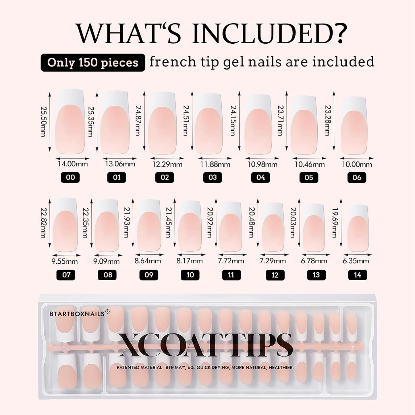 French Tip False Nails - XCOATTIPS Long Square Nail Tips, Nude Press on Nails, Pre-applied Tip Primer & Base Coat Cover