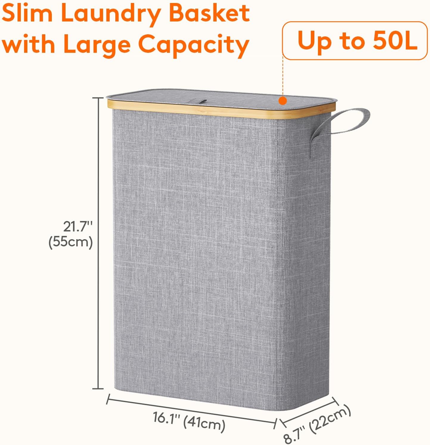 50L Slim Laundry Hamper with Lid, Narrow Laundry Basket with Removable Bag & Bamboo Handles, Fodable Thin Dirty Clothes Hamper for Laundry Collapsible Bin for Bathroom Bedroom Dorm
