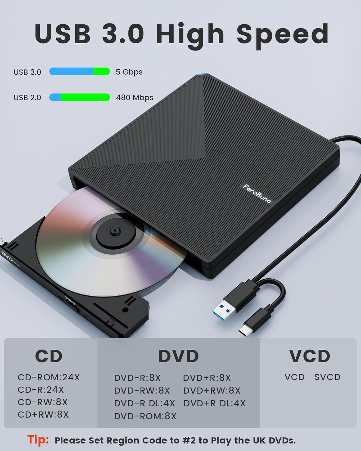 External CD DVD +/-RW Drive USB 3.0 USB C Portable CD/DVD Player Burner Reader Writer Optical CD ROM Disk Drive for Laptop Desktop PC Mac MacBook Pro/Air Windows Linux OS