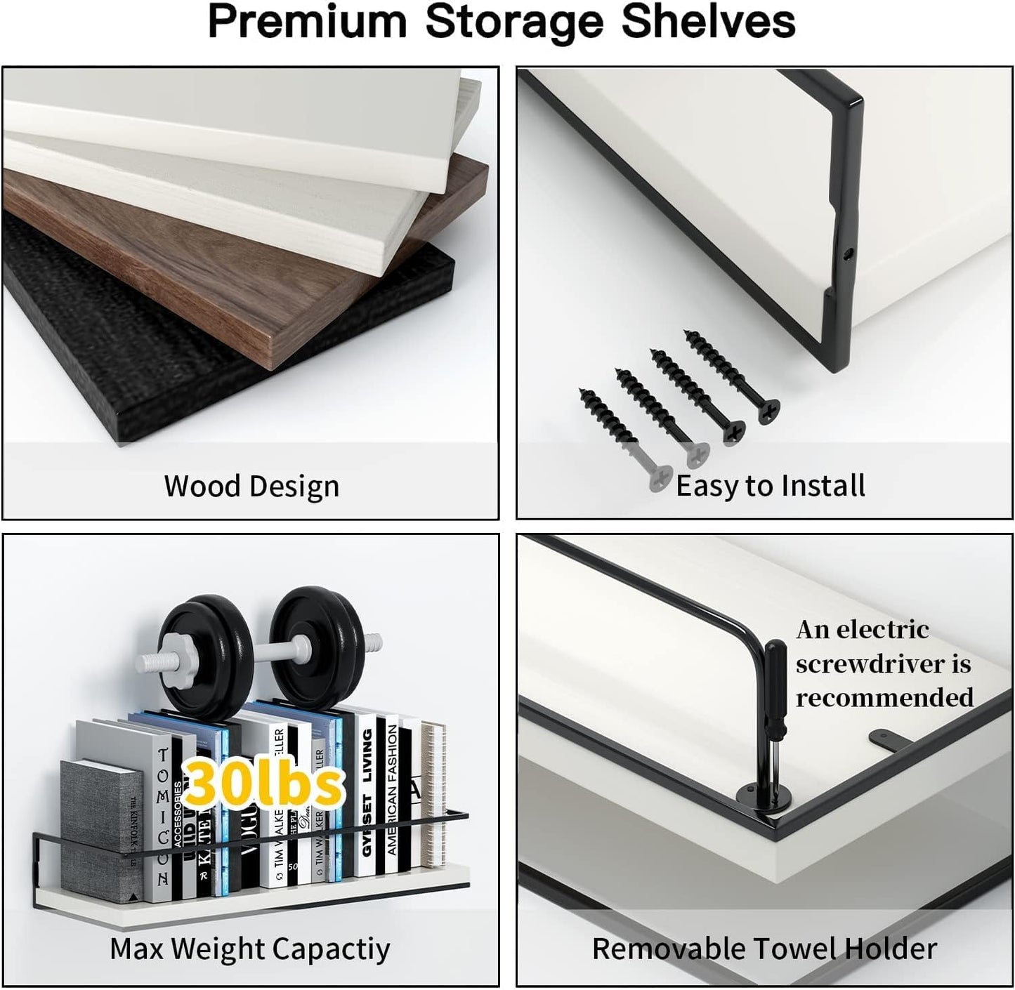 Black Floating Shelves Wall Mounted With 18kg Weight Capacity, Hanging Wall Shelves for Bedroom, Kitchen, Bathroom, Living Room, Home Office, Storage Organiser - Solid Wood Shelf