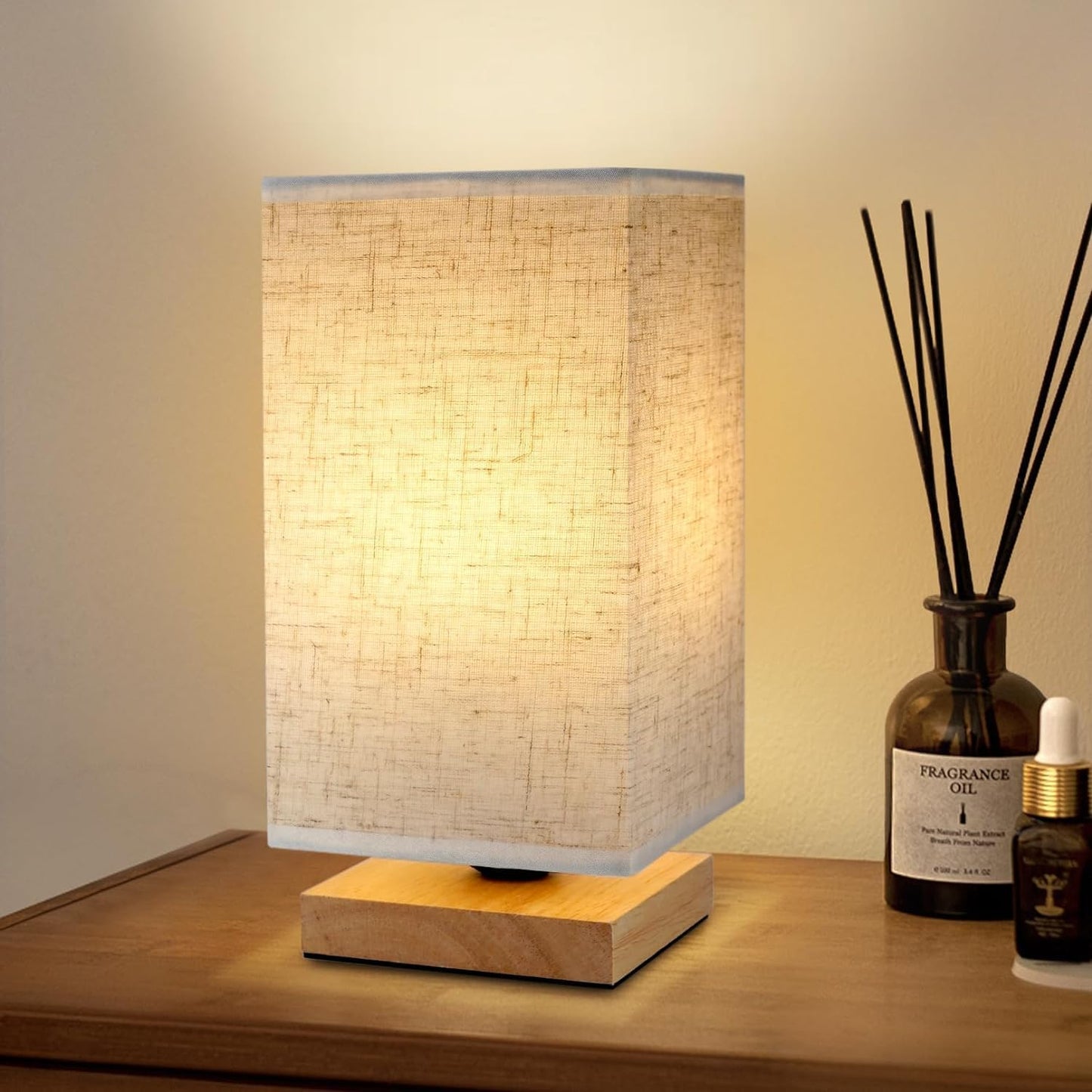Table Lamp Small Bedside Lamp Minimalist with Rectangle Fabric Shade Natural Wooden Base