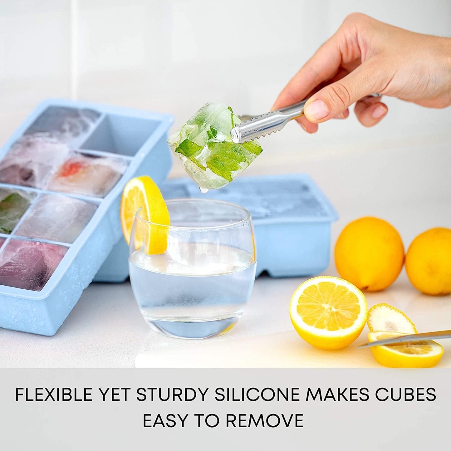 Silicone Freezer Containers - Large Ice Cube Tray with Lids Set of 2 - BPA Free - 16 Moulds for Baby Purees, Ice, Soup, Cocktails