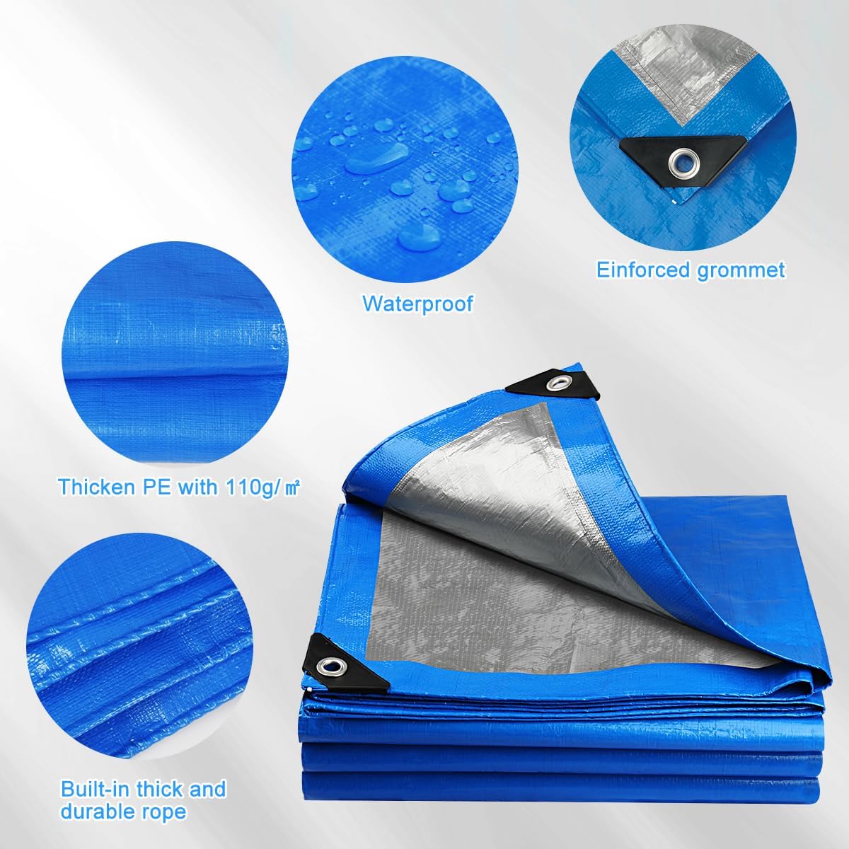Onarway Tarpaulin 5m x 8m Thicken Tarpaulin Waterproof Heavy Duty 110GSM with Reinforced Grommets, Tarp Sheet Cover for Multipurpose Outdoor Use, Blue