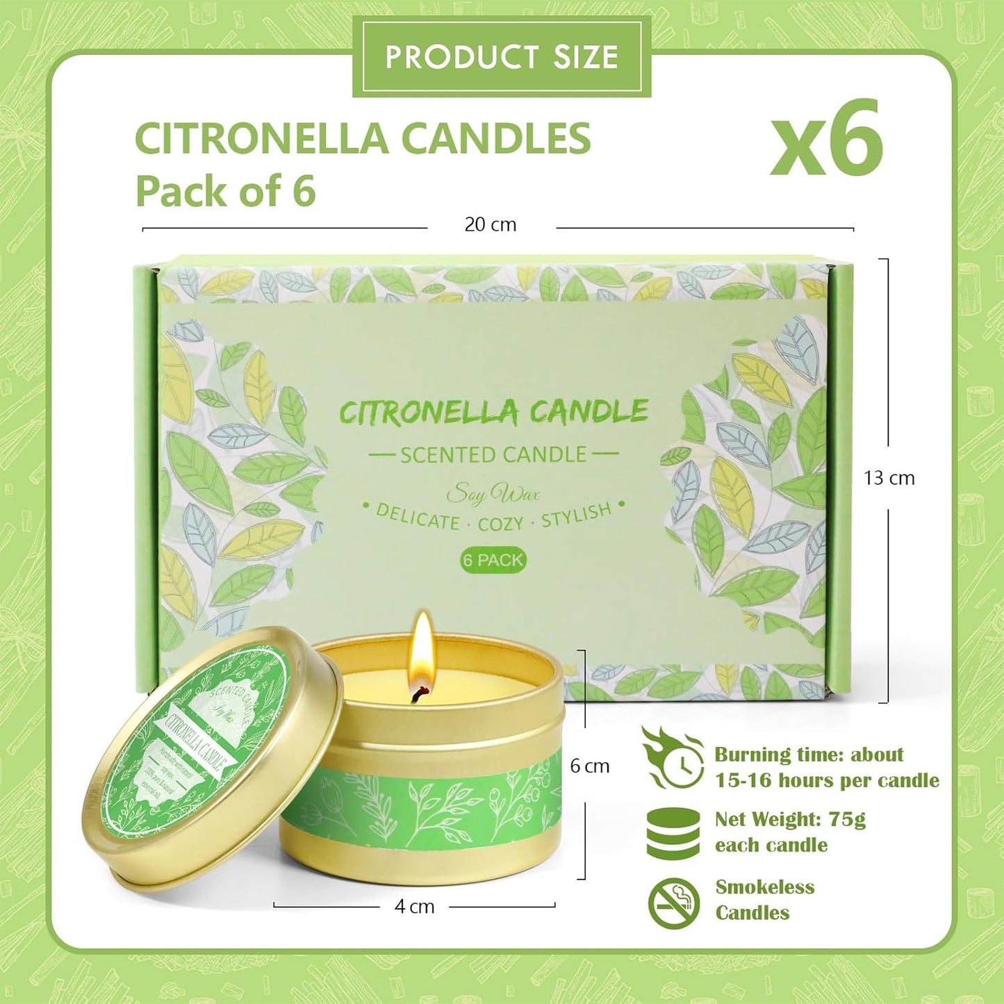 Citronella Candle Outdoor, Citronella Candles 6 Pack, Soy Wax, Lemongrass Citronella Essential Oil, Portable Travel Tin Candles for Outdoor, Indoor, Garden, Camping