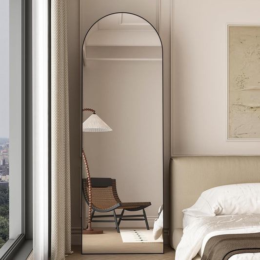 146x44cm Arched Floor Mirror, Full length Standing Mirror with Aluminum Frame, Hanging or Leaning, for Bedroom Living Room, Black