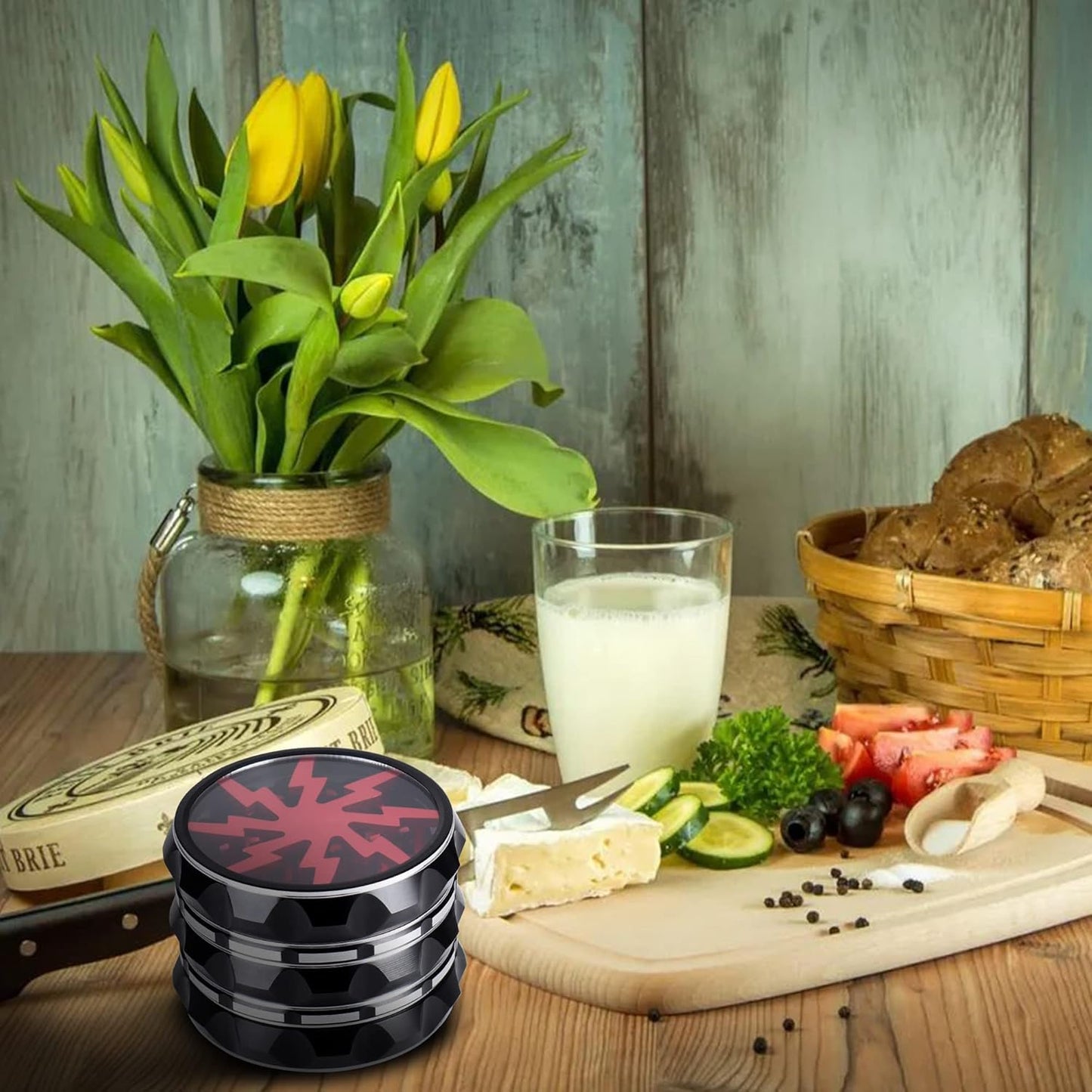 4 Pieces Clear Top Herb Grinder - Aluminium Spice Grinder with Pollen Scraper and Cleaning Brush - Black and Red.