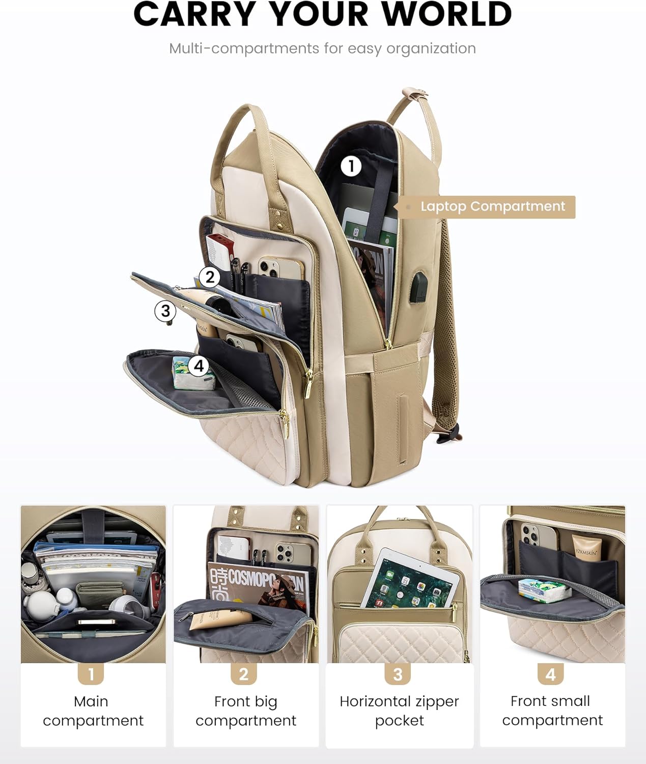 Laptop Backpack Women 15.6 Inch, Backpacks Womens, Rucksack Bag for College Work Travel University, Ladies Lightweight Commuter Bags with USB Port, Beige Khaki