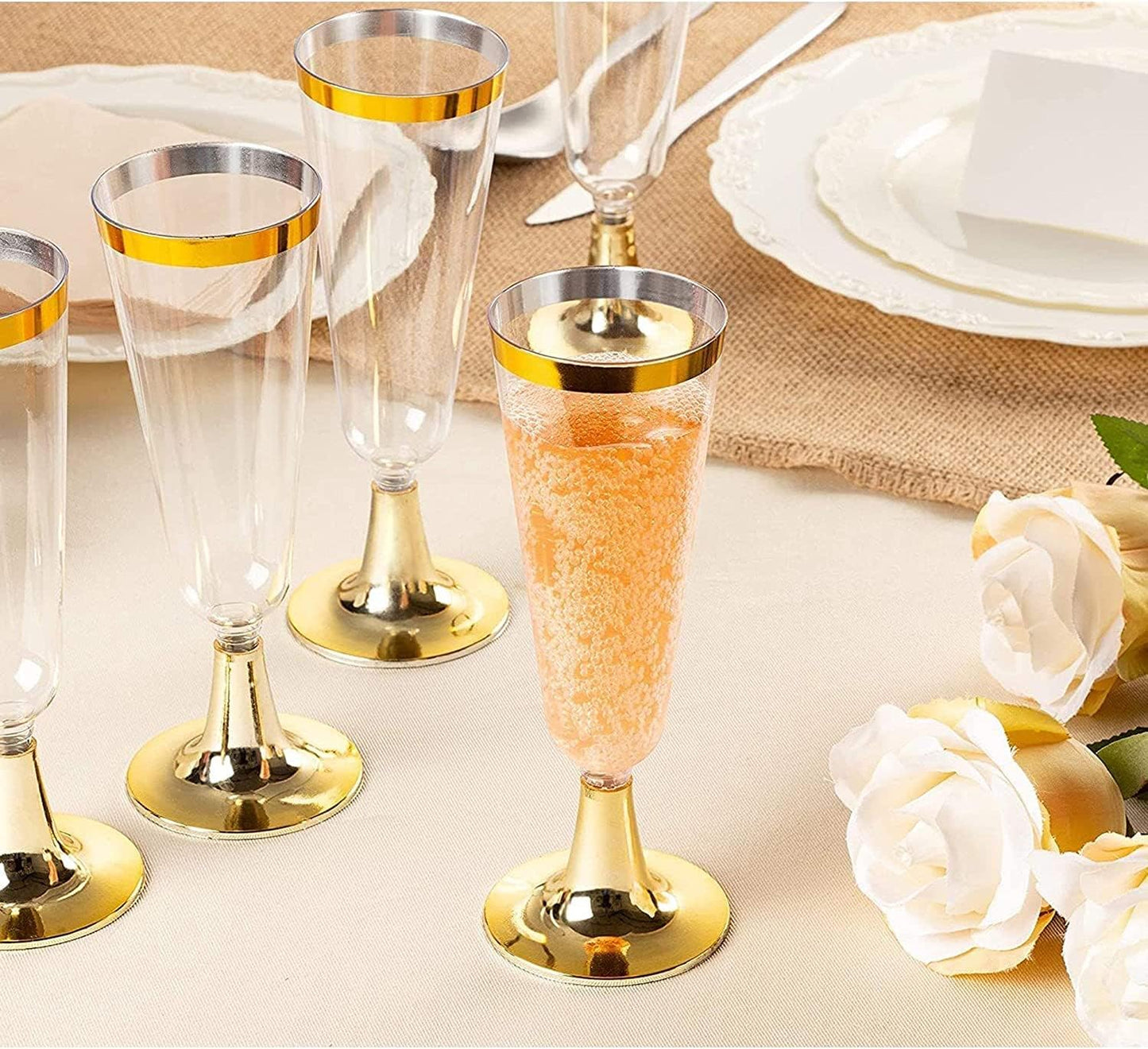 30Pcs Plastic Champagne Flutes, 150ml Gold Champagne Glasses Reusable Stemmed Party Wine Cups for Garden Wedding Anniversary Shower Parties