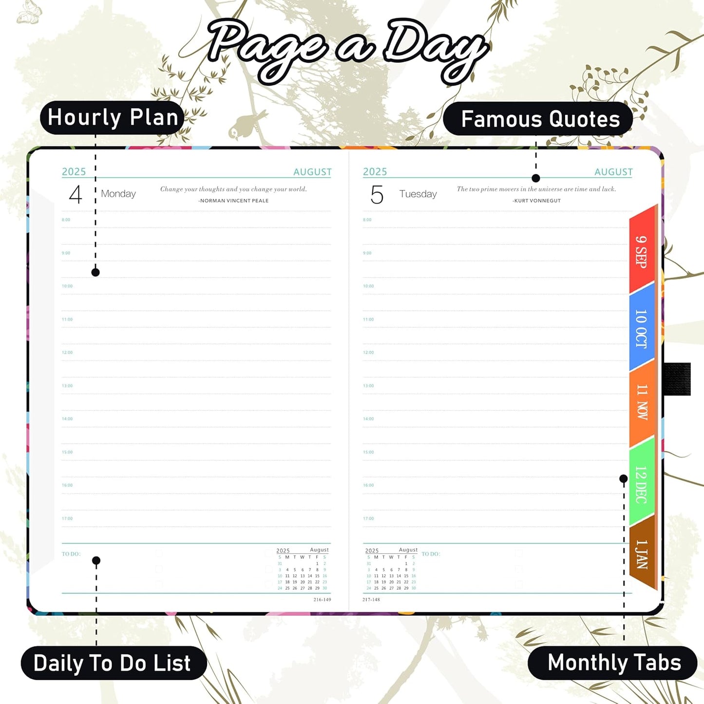 Page a Day Diary with Colorful Tabs, UK Holidays, Inner Pocket, and Pen Set - Blossom Dream