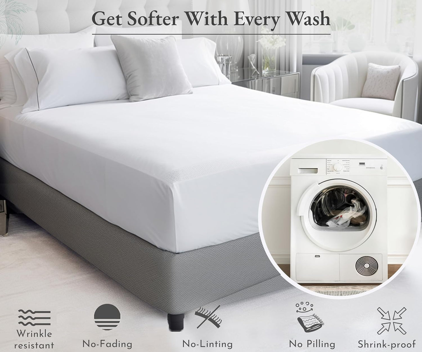 King Size Deep Fitted Sheet Only - Soft 100% Cotton Bed Sheets, Sateen, No-Pop Off Elastic (King, White)