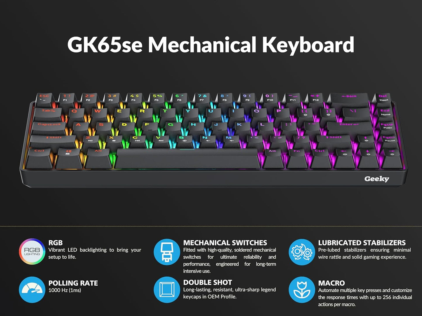 Mechanical Gaming Keyboard 68 Keys Multi Color RGB LED Backlit for PC/Mac Gamer | ANSI US American Layout
