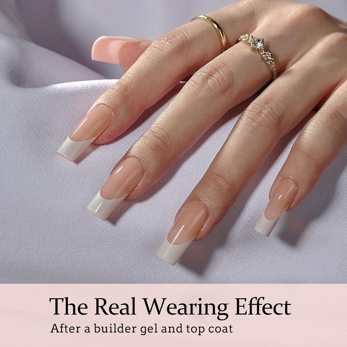 French Tip False Nails - XCOATTIPS Long Square Nail Tips, Nude Press on Nails, Pre-applied Tip Primer & Base Coat Cover