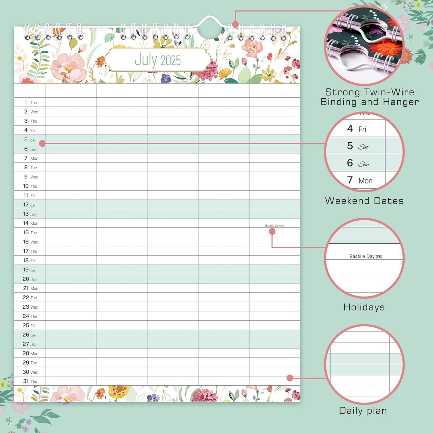 18 Month Wall Calendar with Large Blocks and Seasonal Pattern