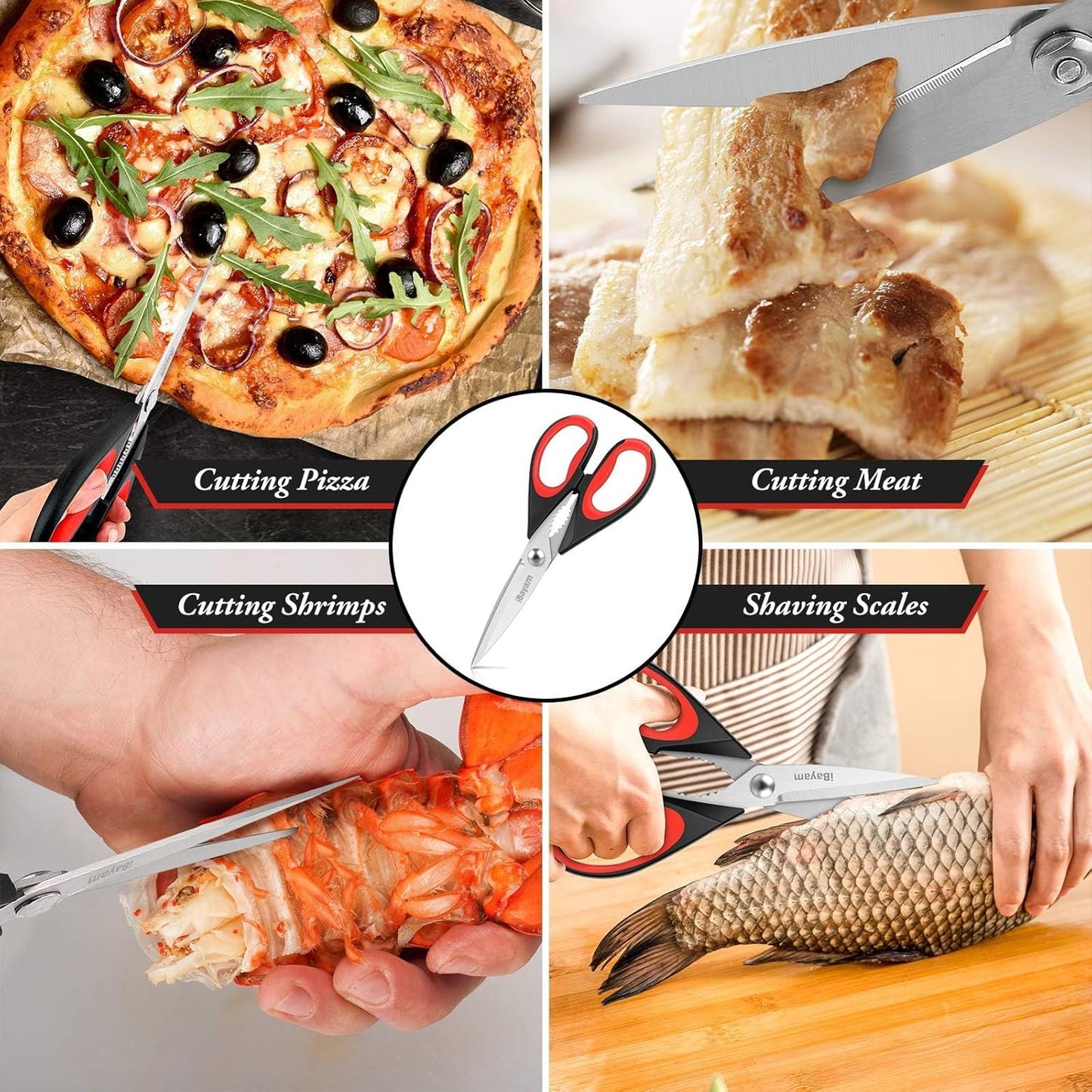 Kitchen Shears, 2-Pack Kitchen Scissors Heavy Duty Meat Scissors, Dishwasher Safe Cooking Scissors, Multipurpose Stainless Steel Sharp Utility Food Scissors for Chicken (Red,Black,Grey),(02)