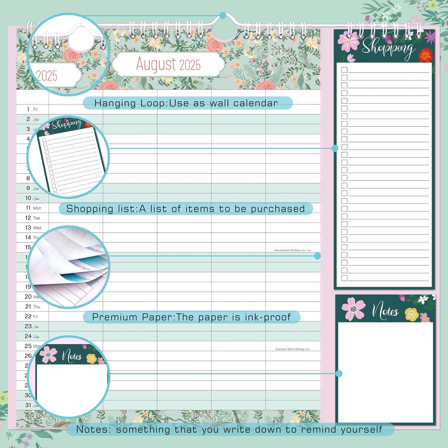 18 Month Wall Calendar with Large Blocks and Seasonal Pattern