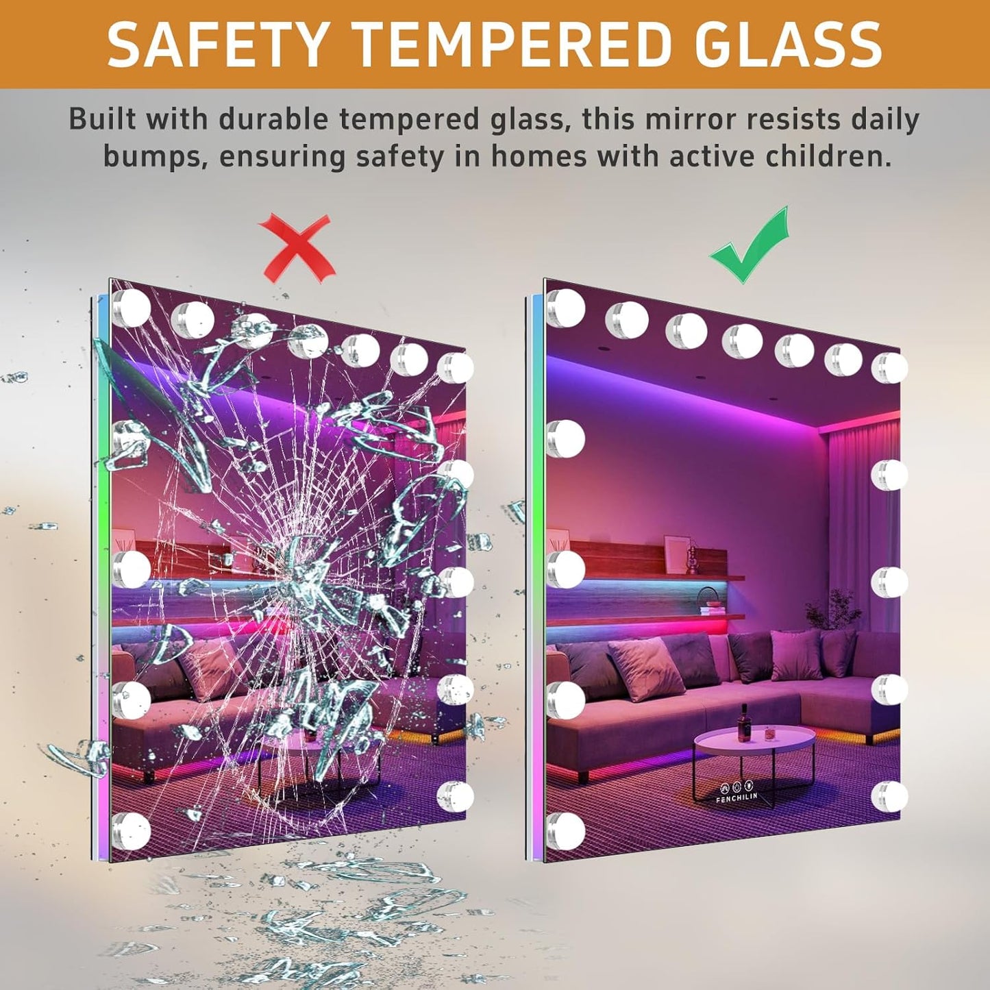 Hollywood Mirror with RGB Backlit 15 LED Vanity Mirror with Lights 3 Lighting Modes Dynamic RGB Backlit Hollywood Vanity Makeup Mirror with Lights Shatterproof for Dressing Table 58x46cm