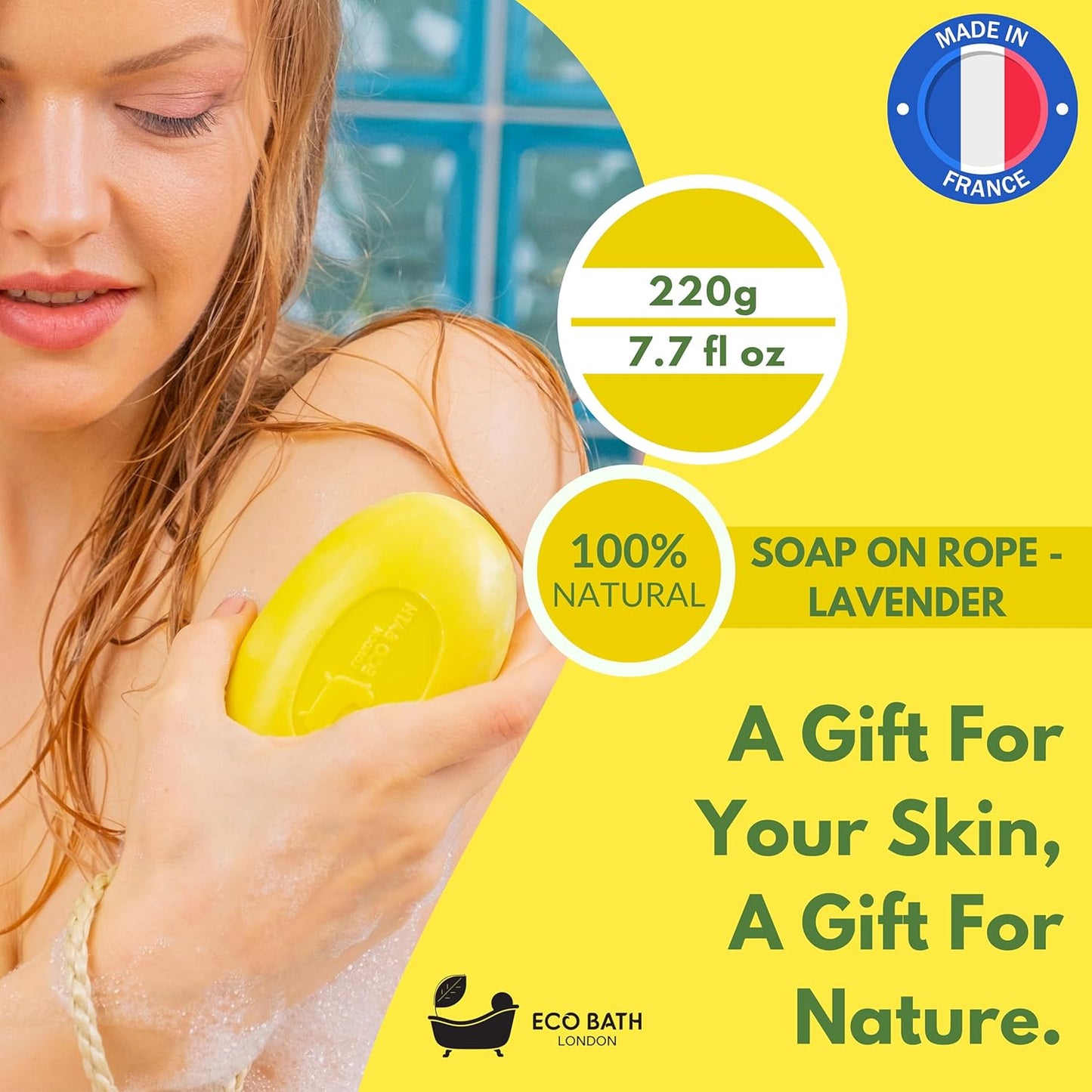 Eco Bath London Lime Soap on a Rope 220g - Luxury Eco-Friendly Lime Soap, Refreshing Body Wash Bar with Shea Butter, Natural Shower Gel Bar for Smooth and Hydrated Skin,