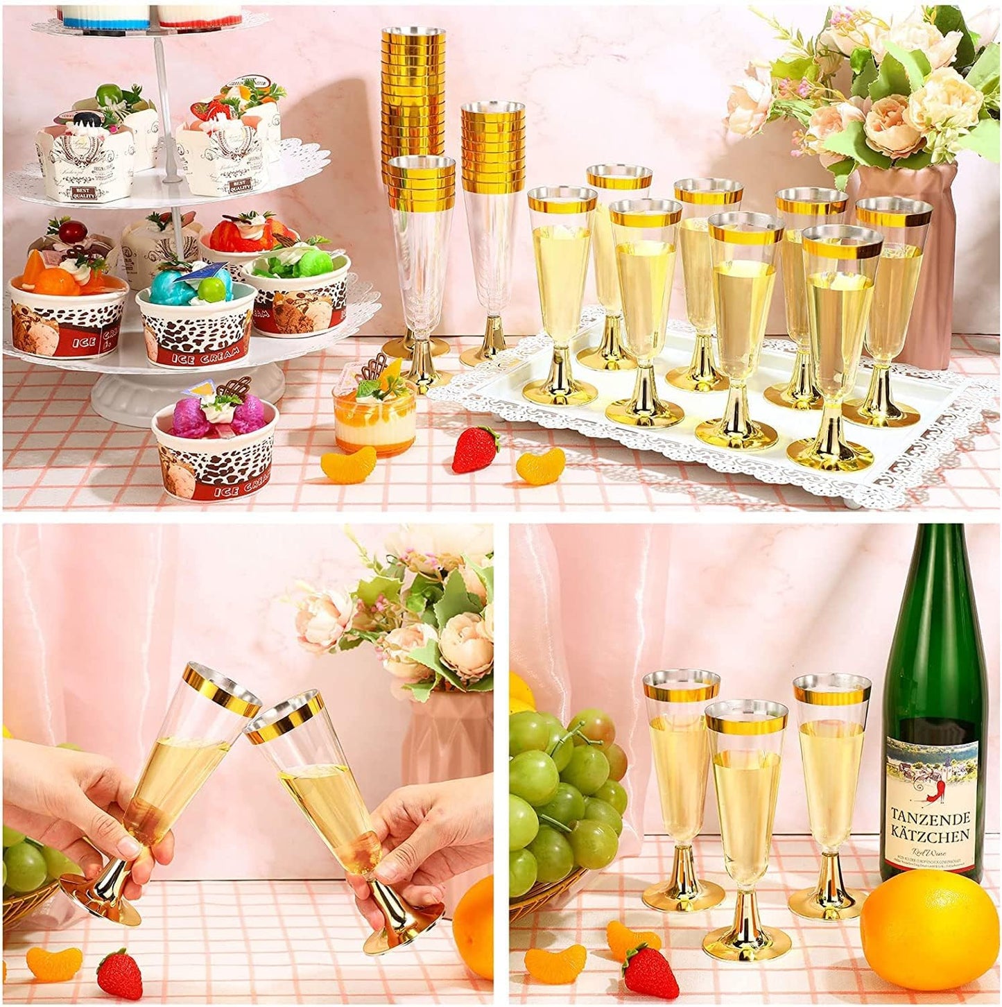 30Pcs Plastic Champagne Flutes, 150ml Gold Champagne Glasses Reusable Stemmed Party Wine Cups for Garden Wedding Anniversary Shower Parties