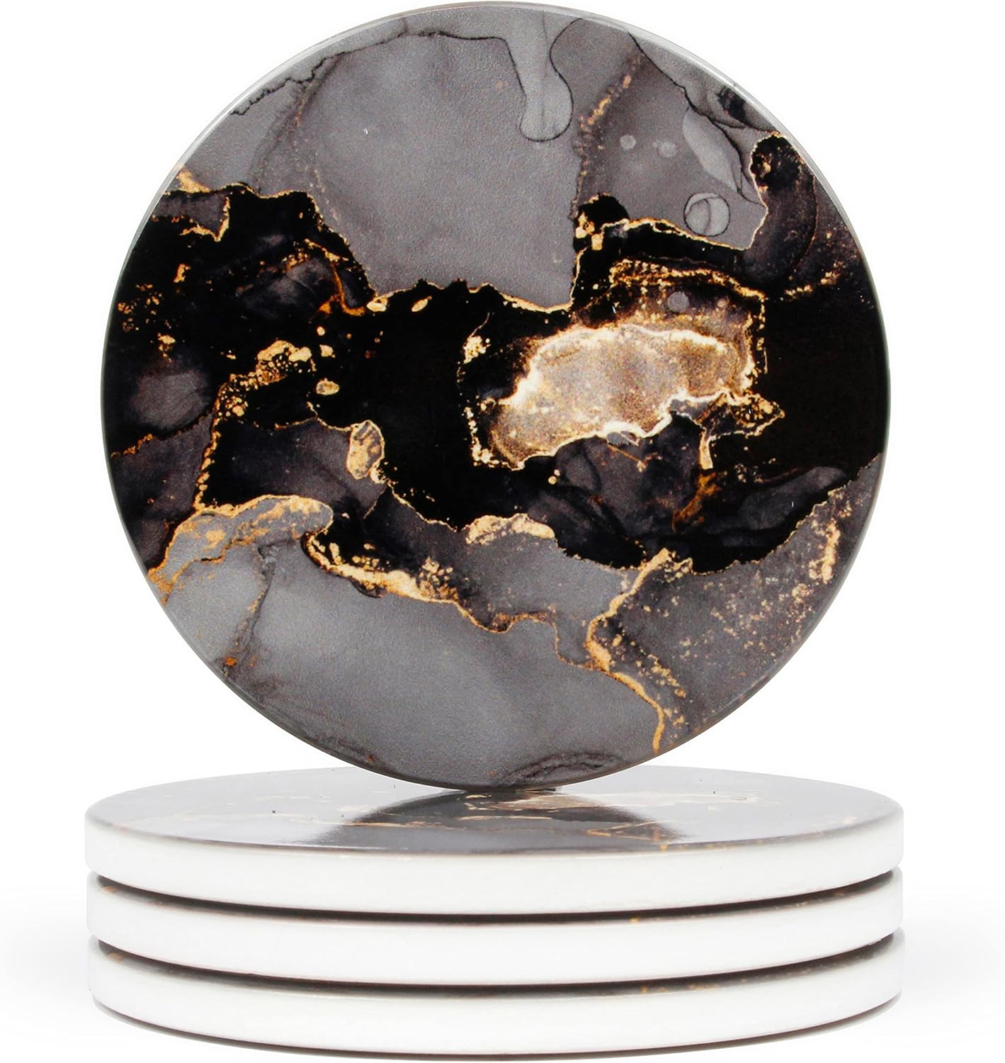 Homeware Marble Coasters Set of 4 - Stunning Decorative Coasters in GLOSS Finish, Elegant Stone with Cork Bottom - Night