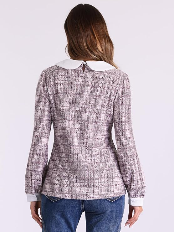 Tweed Top for Women's Button Decor Crew Neck Long Sleeve Christmas Collar Blouse