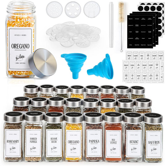 Round Spice Jars with Stainless Steel Lids, 120ml Kitchen Spice Containers with Label , Pen, Hose Brush, 2 Silicone Funnels, for Home Kitchen Spice, Seasonings, Condiments, Herbs Storage
