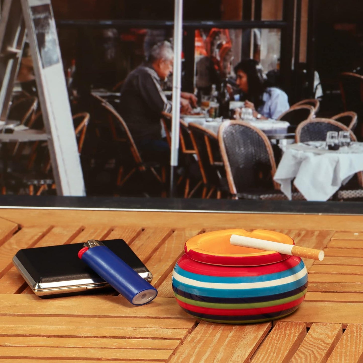 2x wind ashtray made of dolomite - weatherproof storm ashtray made of ceramic - small table ashtray with lid - design with colorful stripes