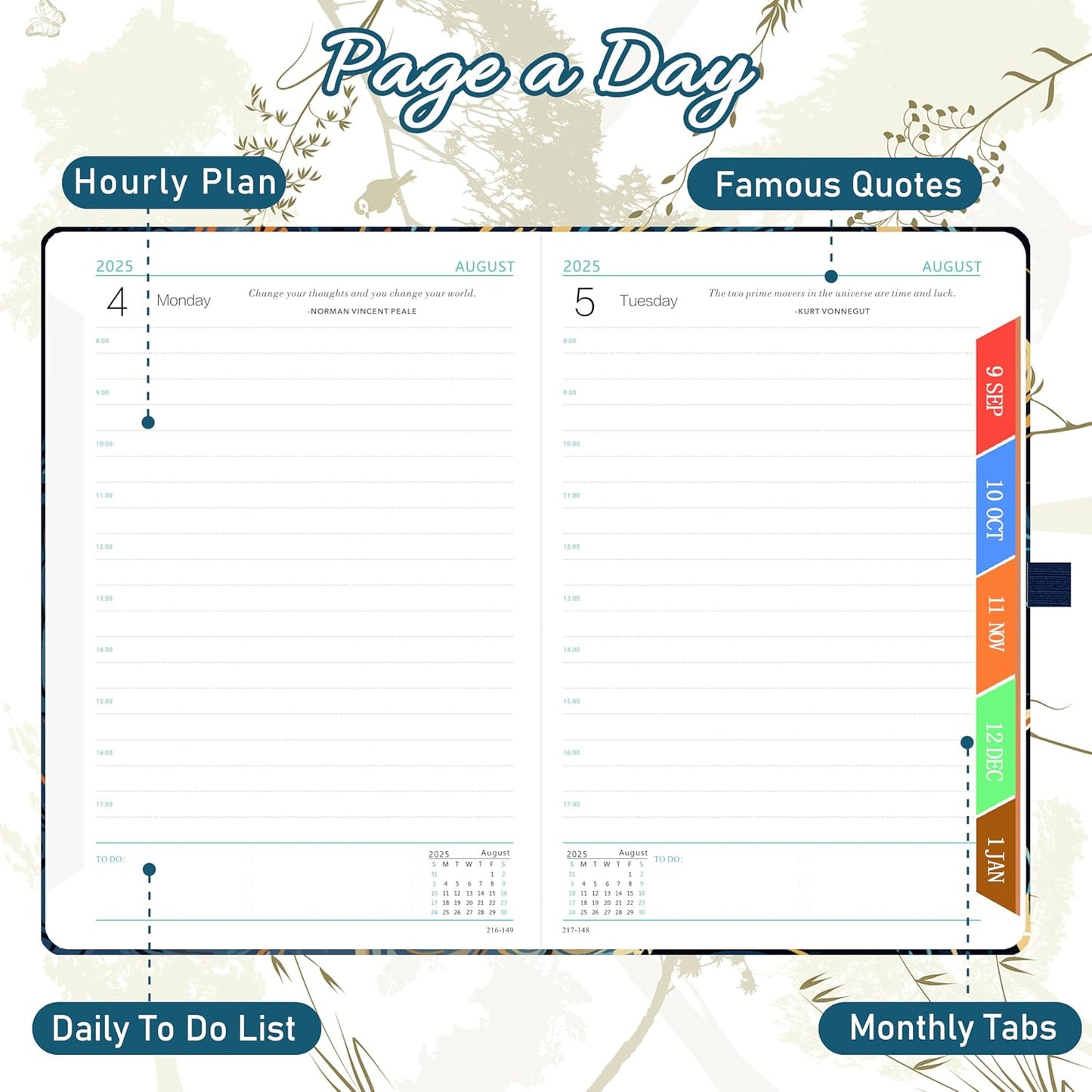 Diary 2025-2026 - Academic Diary Page a Day with Monthly View, Pen Set, and Colourful Tabs