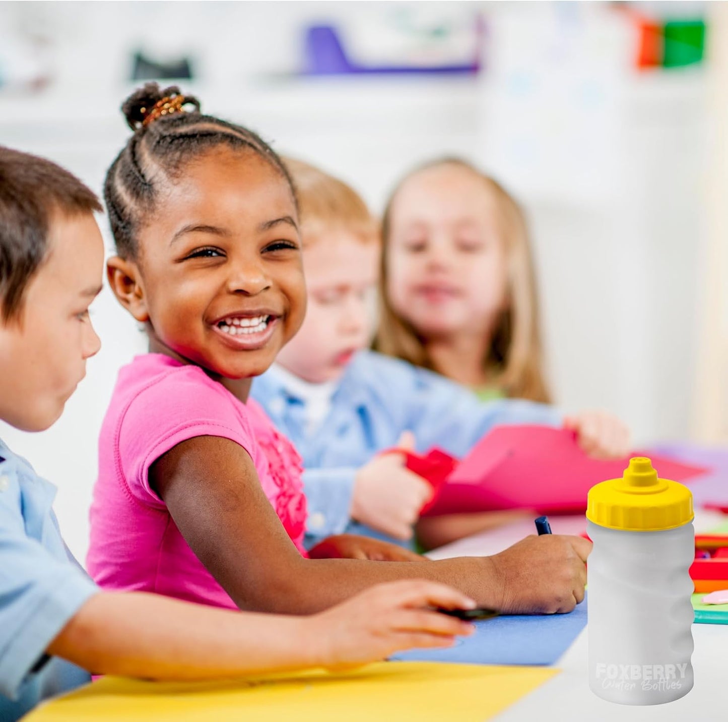 300ml Children's Small Reusable Water Bottles - 4 Pack - Hands Free Lid - Spill Proof - Leakproof Spout - BPA Free - Dishwasher Safe - Sports - School - Clubs (Green Yellow Red Blue)
