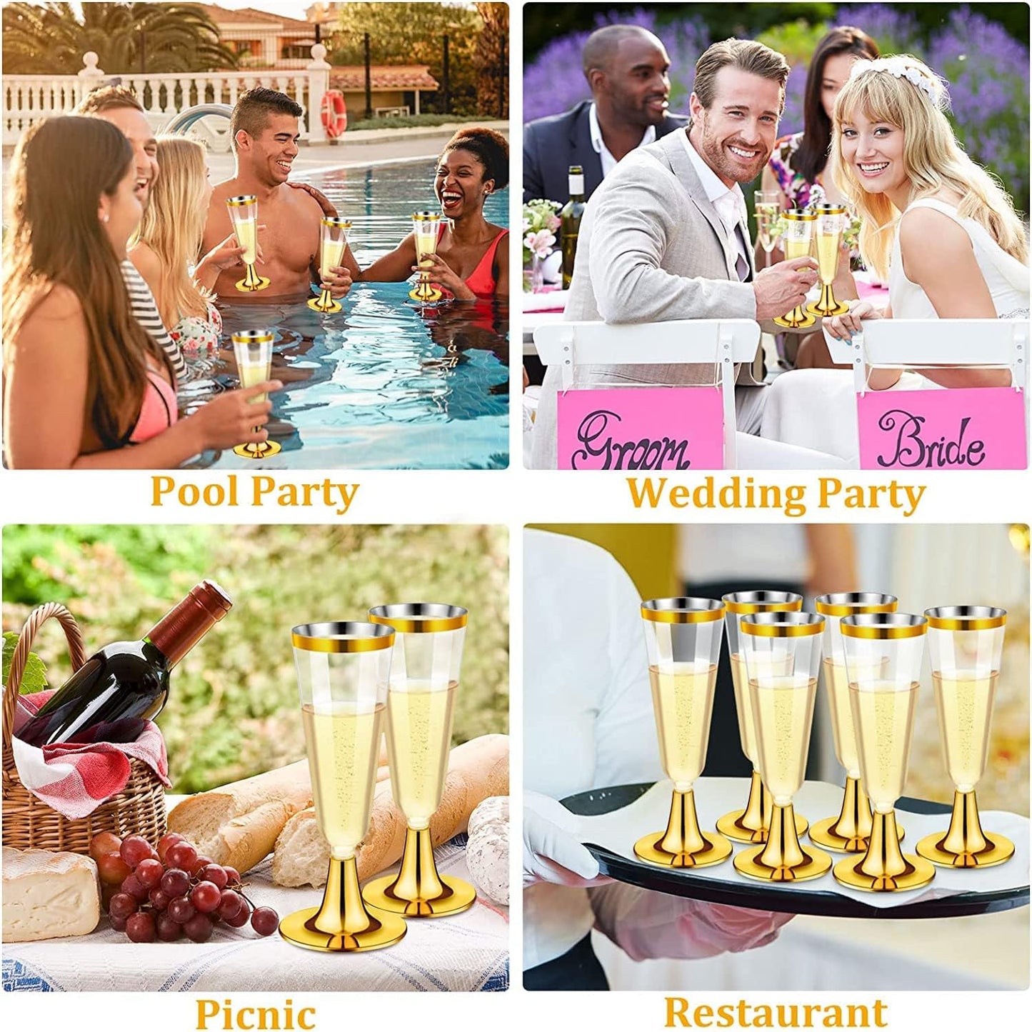30Pcs Plastic Champagne Flutes, 150ml Gold Champagne Glasses Reusable Stemmed Party Wine Cups for Garden Wedding Anniversary Shower Parties