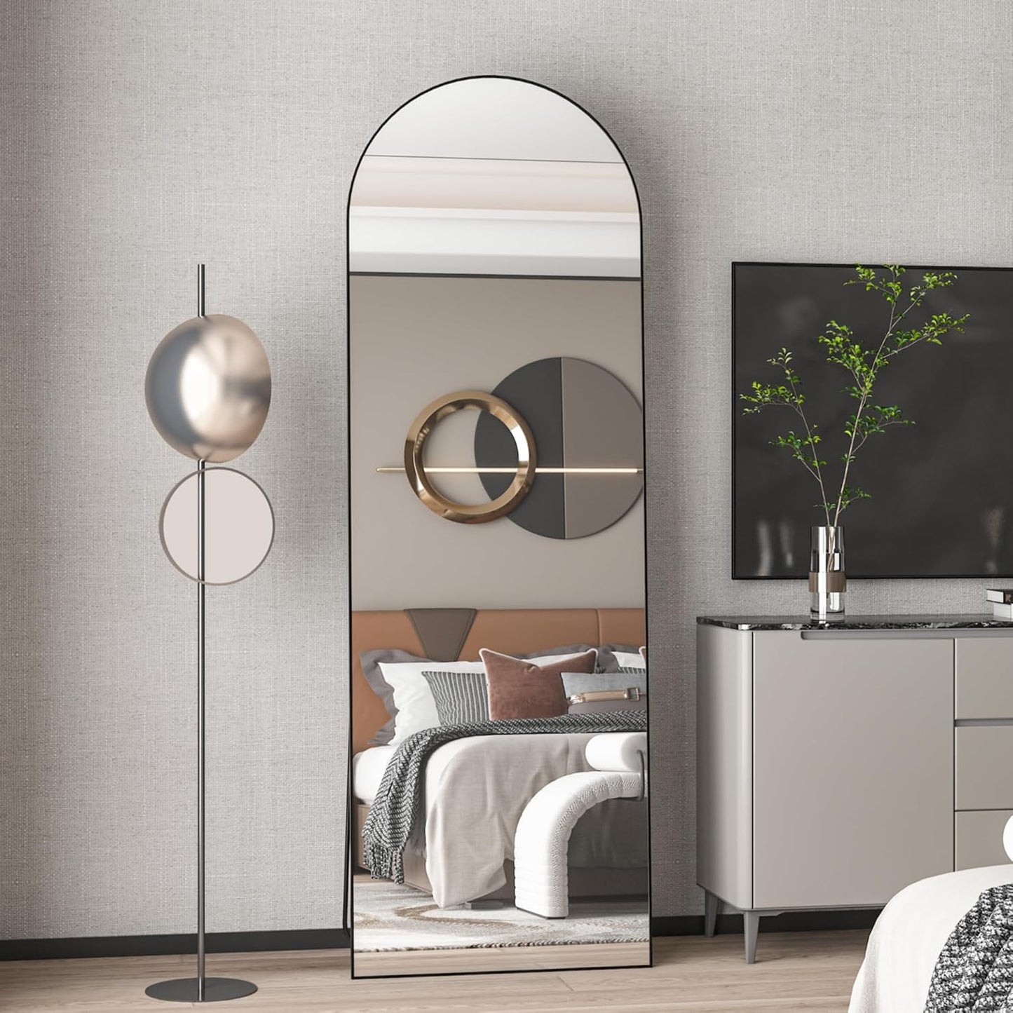 146x44cm Arched Floor Mirror, Full length Standing Mirror with Aluminum Frame, Hanging or Leaning, for Bedroom Living Room, Black