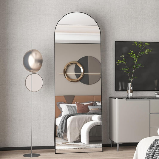 146x44cm Arched Floor Mirror, Full length Standing Mirror with Aluminum Frame, Hanging or Leaning, for Bedroom Living Room, Black