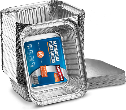 50 Small Aluminum Foil Trays Containers with Paper Lids 500ml | Great for Meal Prep Baking Food Storage Takeaway Tins | by Caterserve