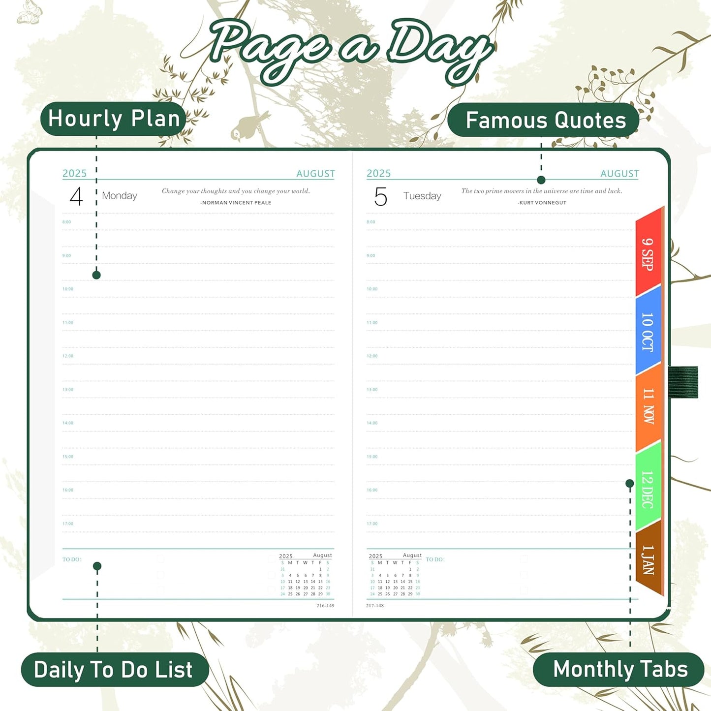 2025-2026 Academic A5 Diary Page a Day from Aug 2025 - July 2026, Daily Planner Organizer with Month View, Pen Set, Colorful Monthly Tabs, Inner Pocket - (5.9" × 8.5") - Dark Green