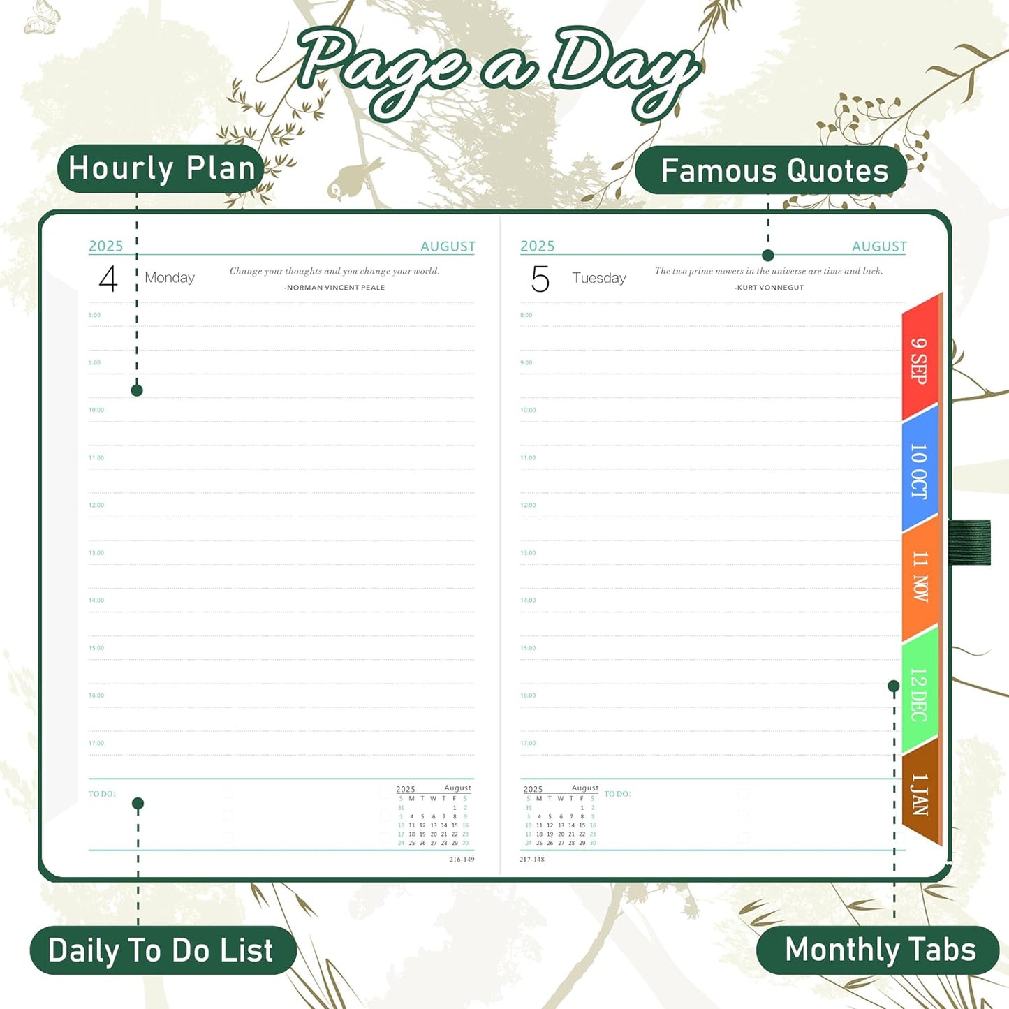 2025-2026 Academic A5 Diary Page a Day Daily Planner Organizer with Month View, Pen Set, Colorful Monthly Tabs, Inner Pocket - Dark Green
