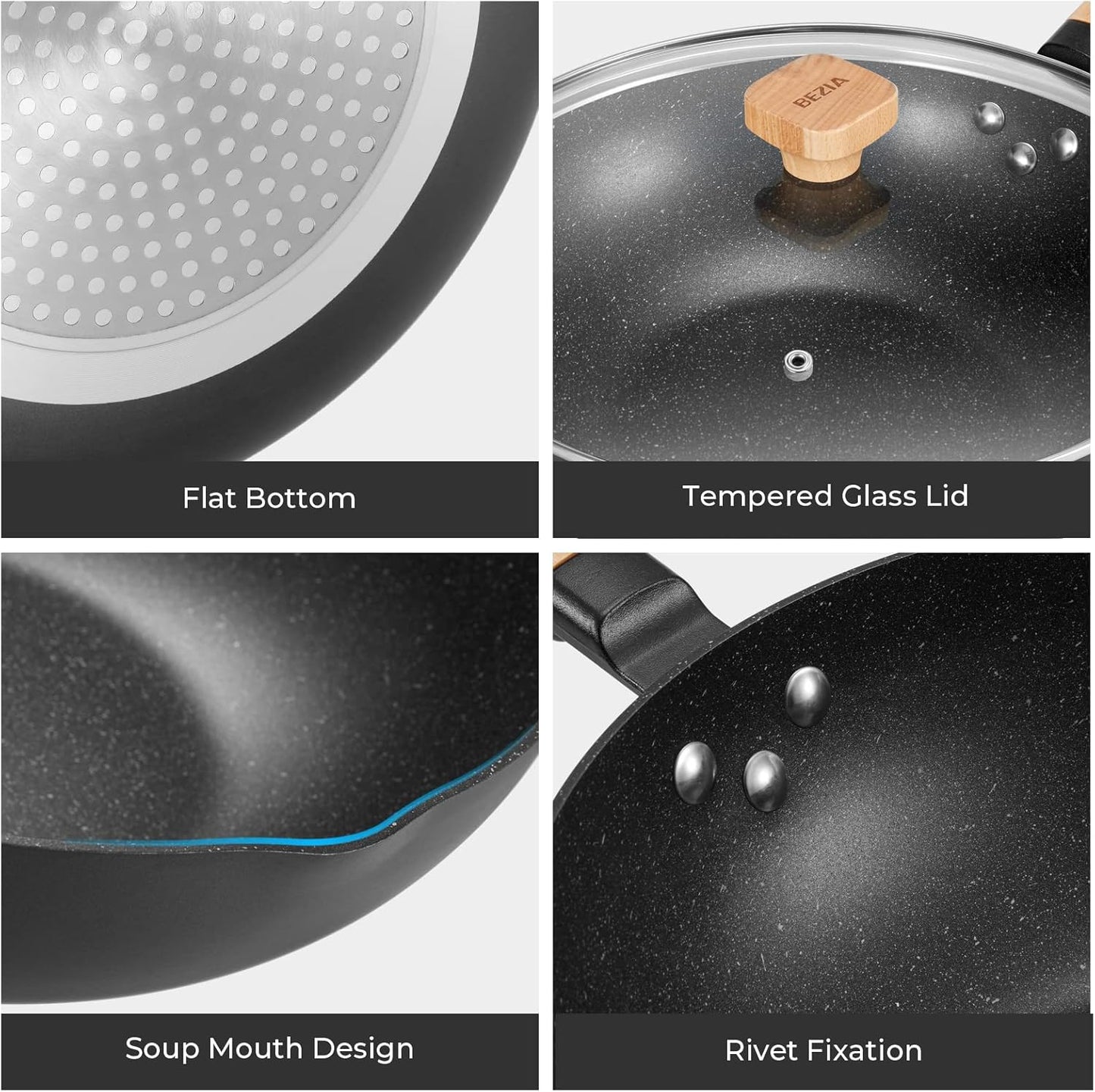 Nonstick Wok with Lid 30cm, Induction Wok Pan with Flat Bottom, 12inch Stir-Fry Pan and Non Stick Frying Pan, Removable Wooden Handle, Compatible All Stoves, Black (12421B)