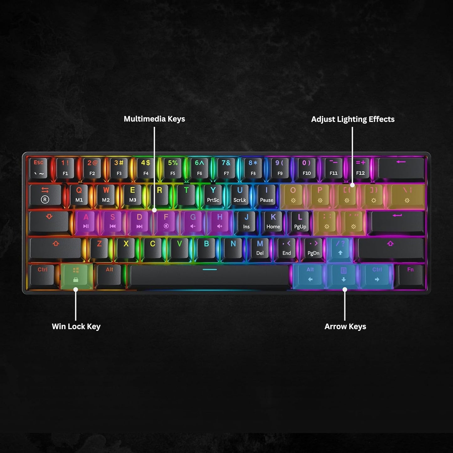 Mechanical Gaming Keyboard - 61 Keys Multi Color RGB Illuminated LED Backlit Wired Programmable for PC/Mac Gamer