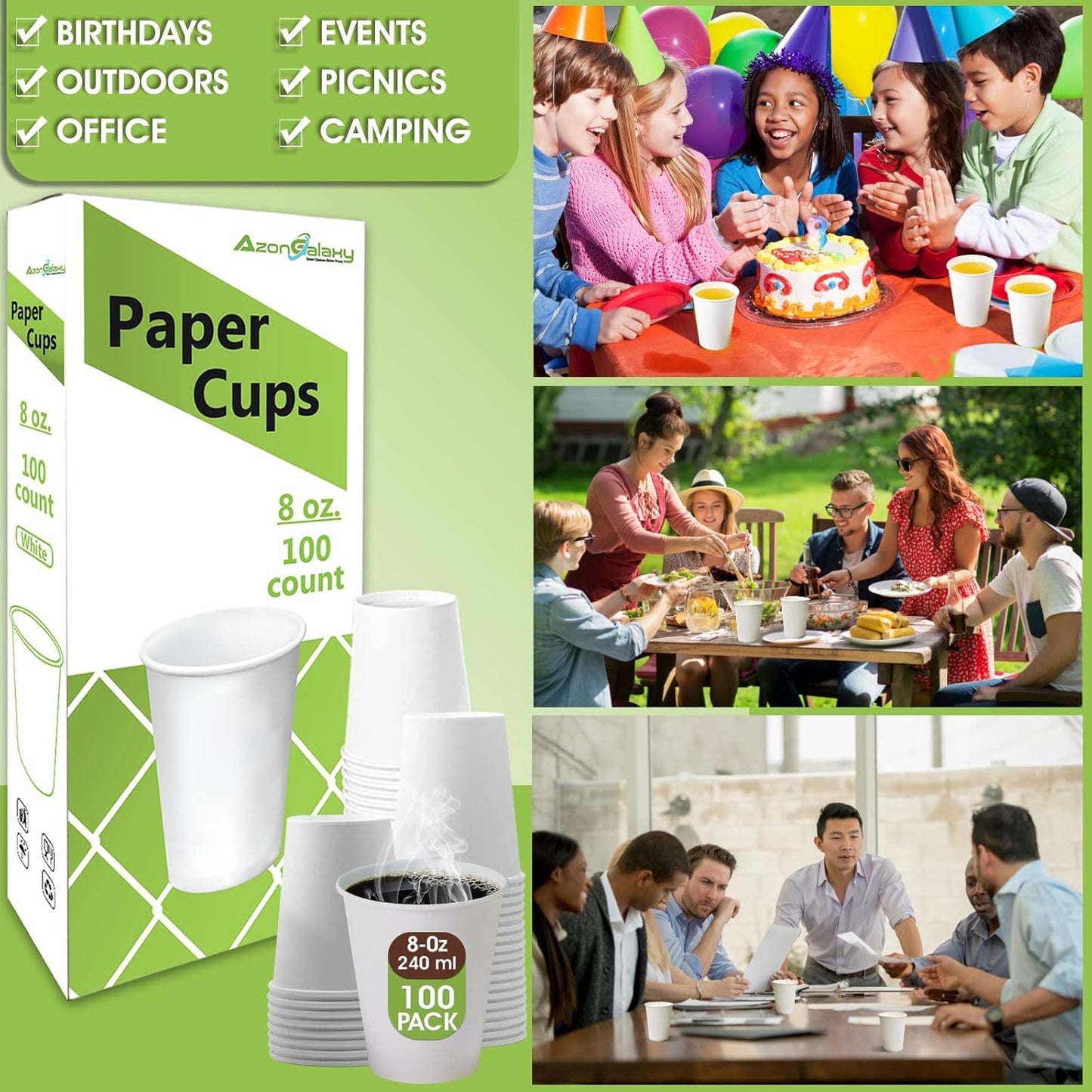 100 X 8oz Top-Tier Quality Paper Cups, 240ml White Disposable Cups, Eco Friendly Paper Cups For Hot and Cold Drinks, Premium Disposable Coffee Cups for Home, Office, Café, Work, Parties, Outdoors