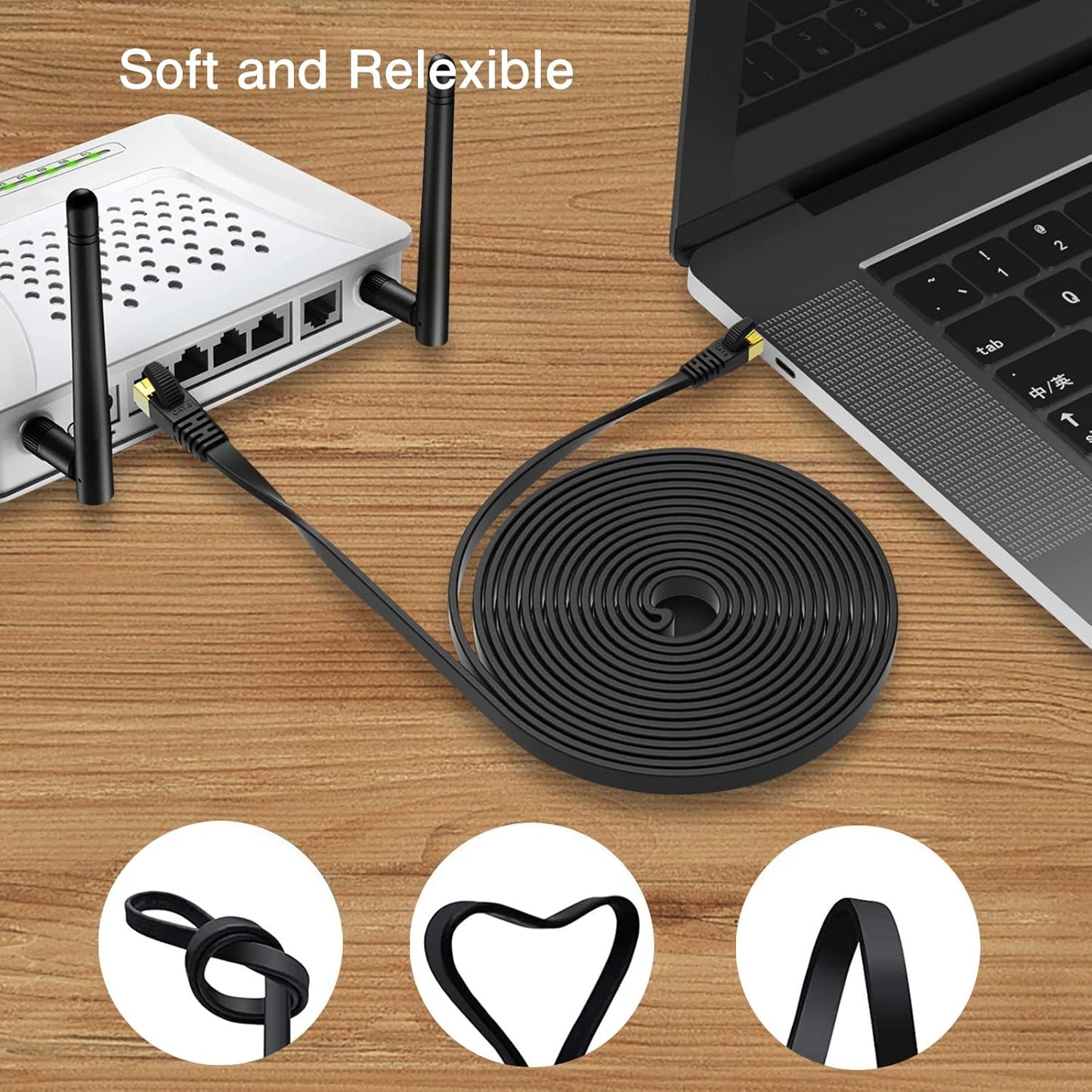 Cat 8 Flat Ethernet Cable 8M Internet LAN Cable with Clips 40Gbps 2000MHz High Speed Network Patch Cable SSTP Ethernet with RJ45 Connector for Router Modem Switch Gaming Xbox