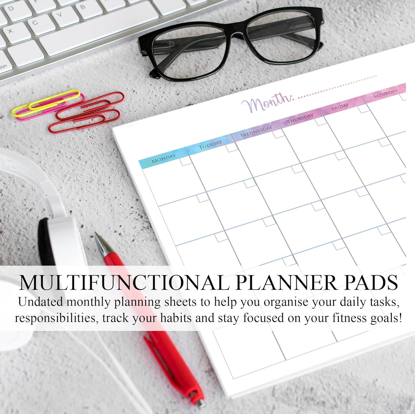 Monthly Planner Pad with 50 Tear Off Pages Notes Section, Undated Desk Calendar Personal Organiser, for Work, School, Meal, and Fitness Planning