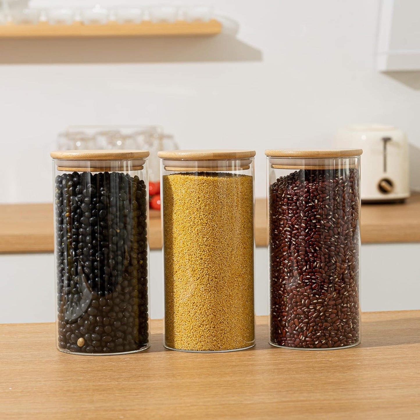 New 3pcs Glass Storage Jars for Kitchen Pasta Spices Sugar Salt and Cookies