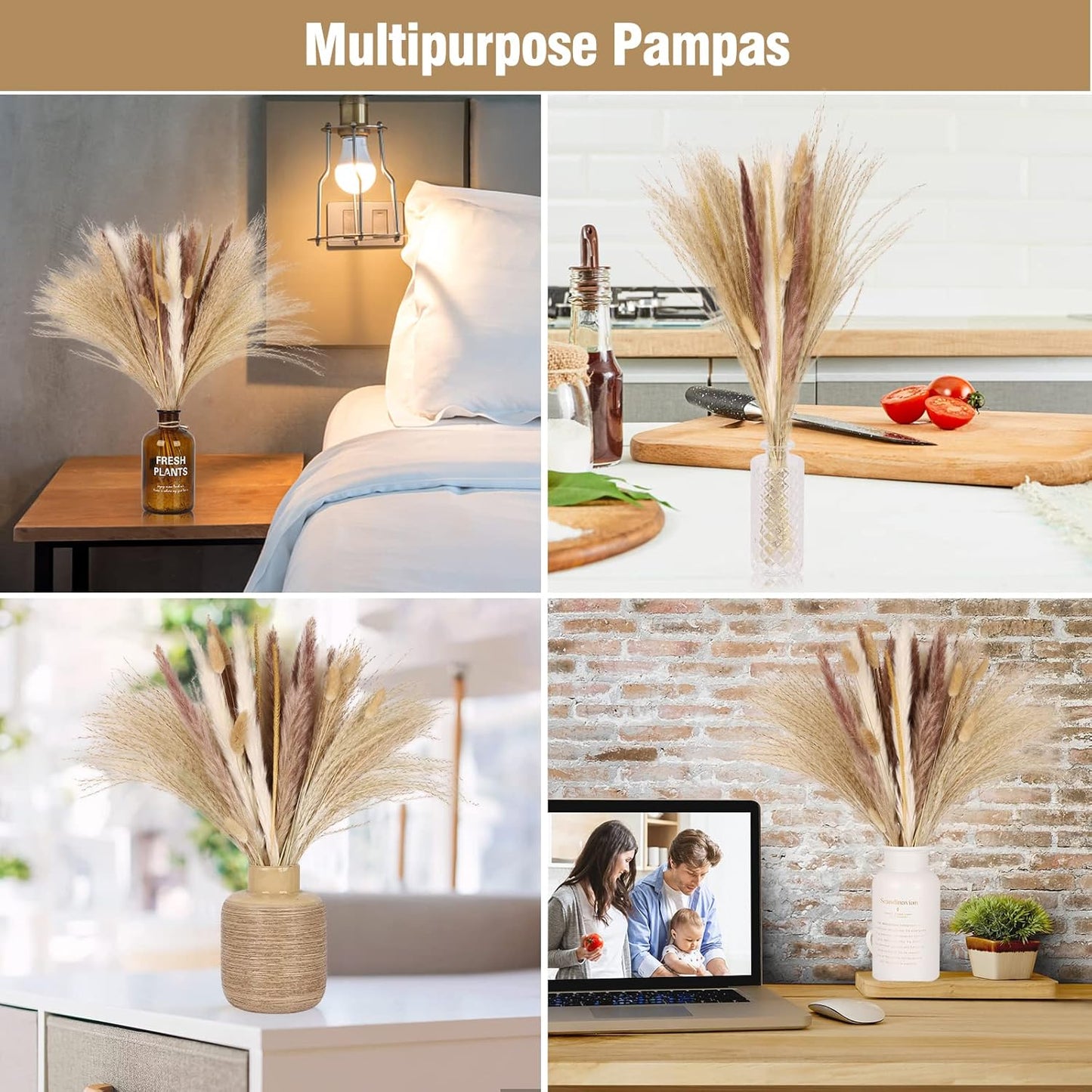 Pampas Grass Decor-5Pcs White Pampas Grass, 10Pcs Brown Pompous Grass, 10Pcs Bunny Tails, 15Pcs Reed Grass,10Pcs Yellow Flowers, Wedding Floral Arrangements Home Decorations