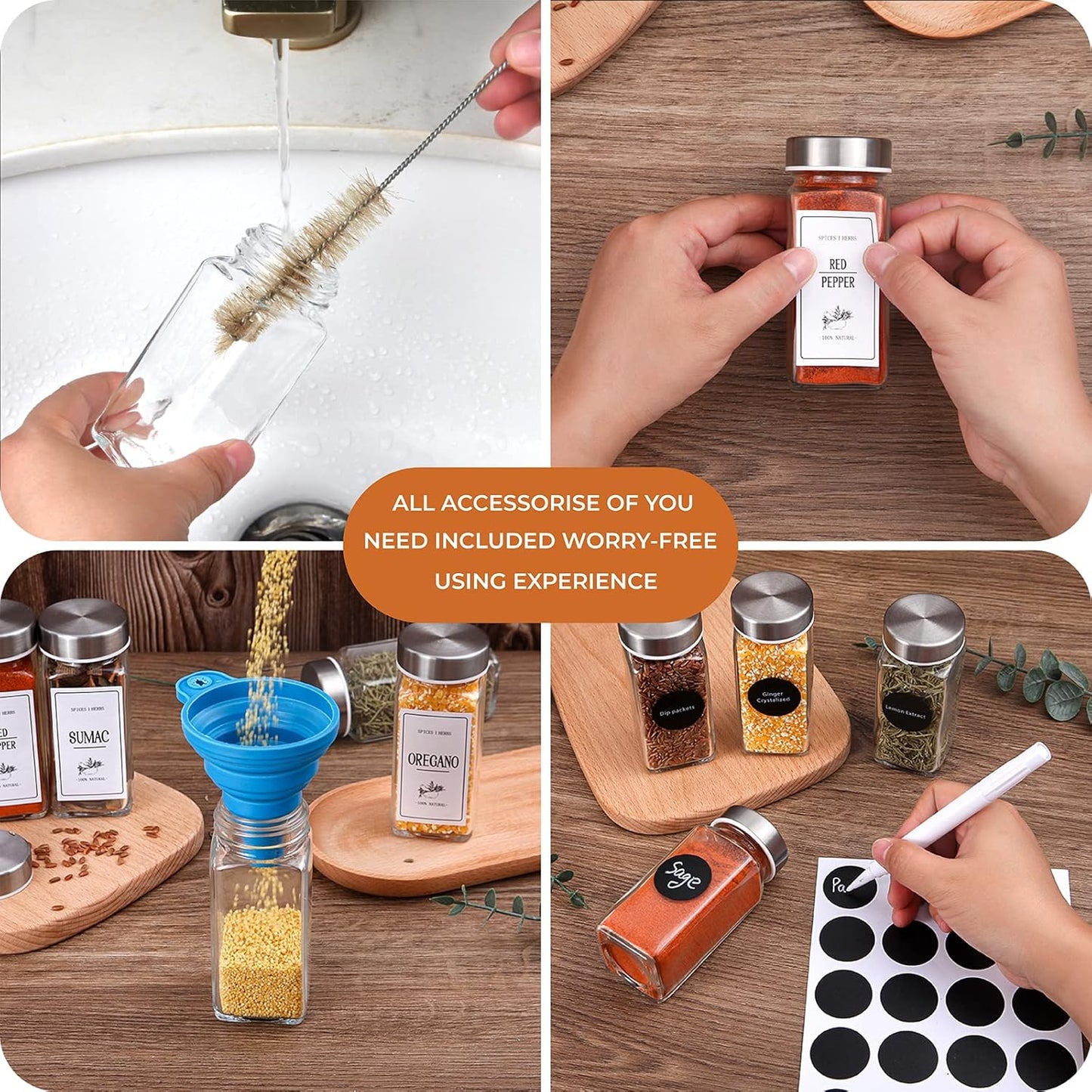 Round Spice Jars with Stainless Steel Lids, 120ml Kitchen Spice Containers with Label , Pen, Hose Brush, 2 Silicone Funnels, for Home Kitchen Spice, Seasonings, Condiments, Herbs Storage