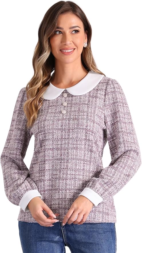 Tweed Top for Women's Button Decor Crew Neck Long Sleeve Christmas Collar Blouse
